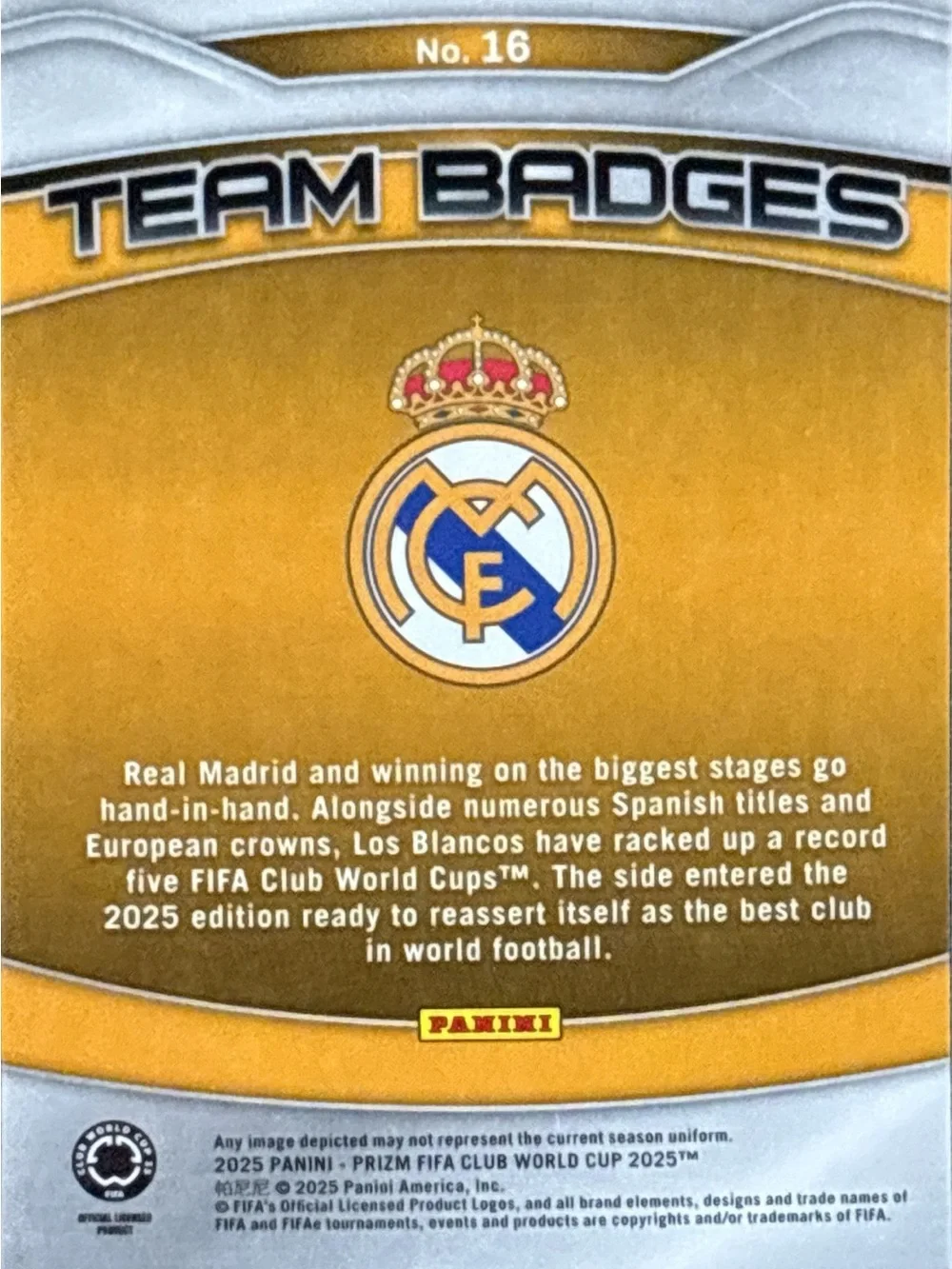 Panini Gold Real Madrid Team Badge Trading Card